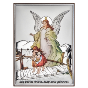 Srebrny obrazek Anioł Stróż z Dziećmi grawerowana pamiątka Chrztu Świętego 16x12cm DS42/2XC-0
