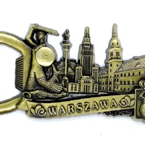 Metalowy magnes na lodówkę z otwieraczem do butelek w kolorze starego złota - grawerowana pamiątka z Warszawy