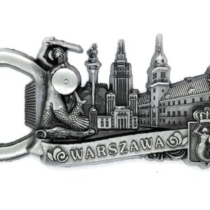 Metalowy magnes na lodówkę z otwieraczem do butelek w kolorze srebrnym grawerowana pamiątka z Warszawy