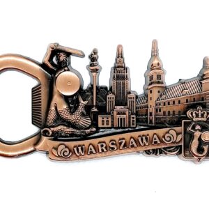 Metalowy magnes na lodówkę z otwieraczem do butelek - grawerowana pamiątka z Warszawy