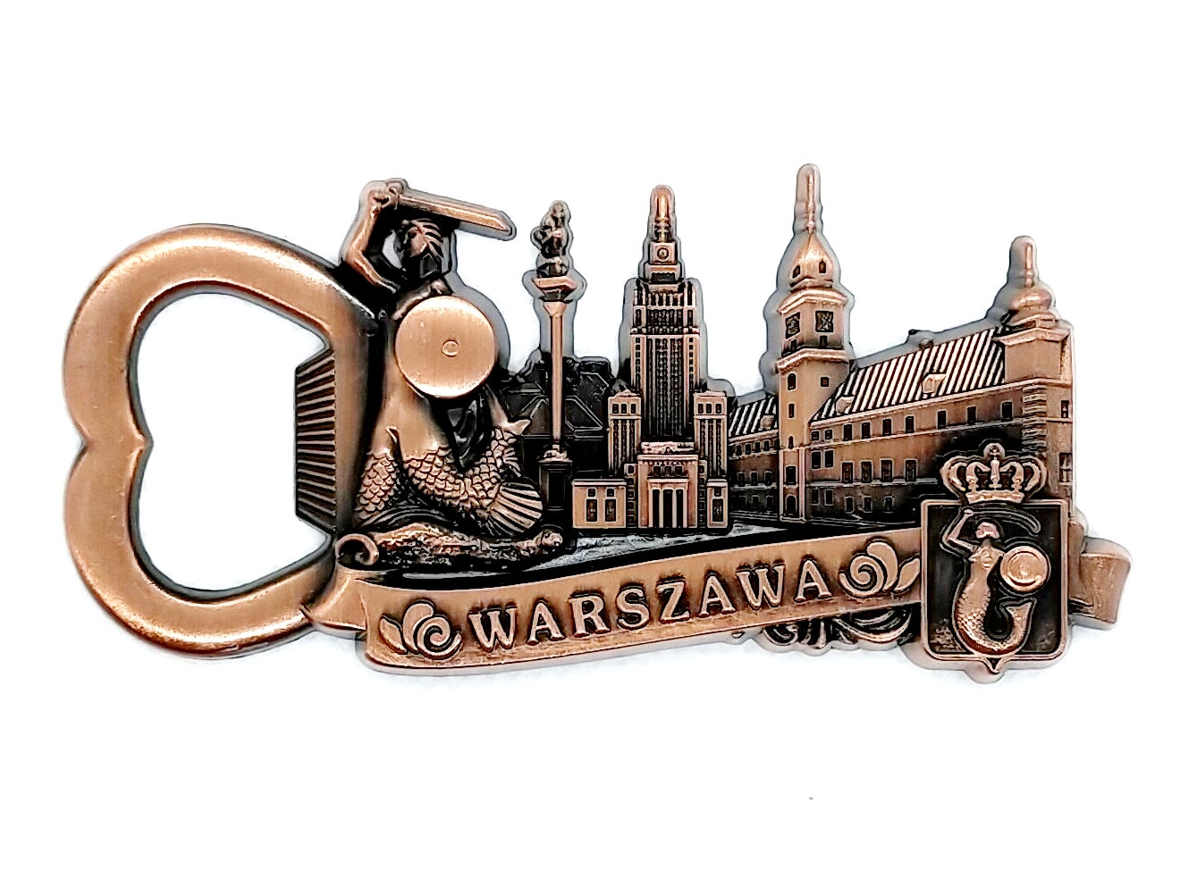 Metalowy magnes na lodówkę z otwieraczem do butelek - grawerowana pamiątka z Warszawy